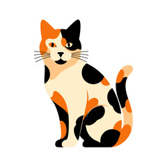 Calico Cat Sitting with Orange Black and White Markings Vector Illustration.