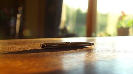 instrument. A single pen lying on a wooden desk with blurred background, professional workspace vibe. pitch deck slides, case study pages, designed for brand storytelling and e-commerce strategy.