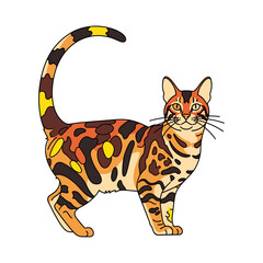 Cartoon Bengal Cat with Rosettes and Curled Tail Illustration.