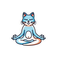 Cartoon Blue Cat Meditating in Lotus Position with Closed Eyes.