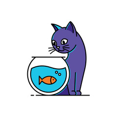 Cartoon Cat Gazing at Goldfish in Bowl with Bubbles Line Art.