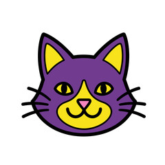 Cartoon Cat Face with Purple Yellow and Black Outlined Features.