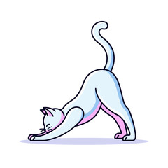 Cartoon Cat Stretching with Curved Back Tail Up and Whiskers.