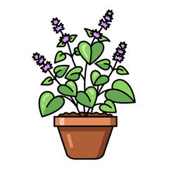 Obraz premium Cartoon Potted Plant with HeartShaped Leaves and Purple Flowers Illustration.