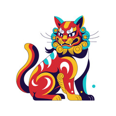 Colorful Stylized Japanese Shisa Lion Sitting with Detailed Design.