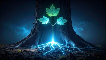 Glowing Sapling Emerging from Ancient Tree Roots Nature's Renewal
