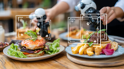 Robot arms serving plated meals with digital overlays in a modern dining setting