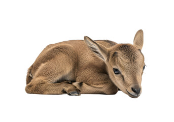 Fototapeta premium A small, delicate newborn baby goat lies peacefully against a black background.