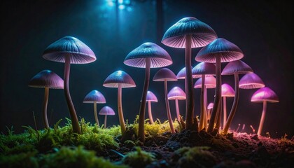 A mystical cluster of glowing mushrooms illuminating a dark, enchanted forest floor with vibrant purple and blue light