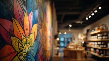 Fototapeta premium Medium shot of a vibrant mural inside a boutique artistically blending colors that draw shoppers attention while background shelves softly fade out of focus.