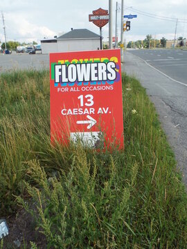 Nepean, ON, Canada, June 18, 2025 : A  sign for a "flower shop" at 13 Caesar Ave highlights the mix of commercial and service-oriented establishments.
