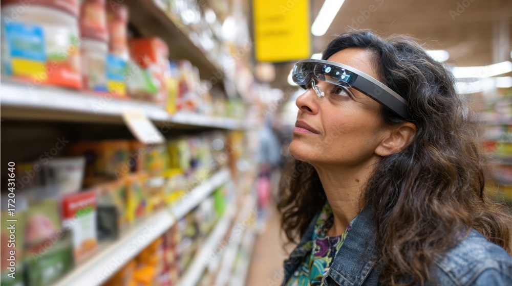 Poster medium shot of a customer using augmented reality glasses to view virtual section labels while navig
