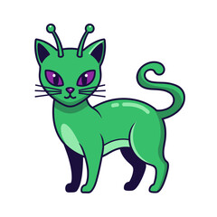 Obraz premium Whimsical Green Alien Cat with Purple Eyes and Antennae.