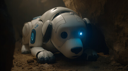 A robotic dog with glowing blue eyes rests in a dimly lit cave-like environment, featuring mechanical limbs and a sleek white design.