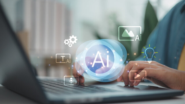 Hands typing on laptop with AI interface icons for text, image, video, voice and idea generation, representing artificial intelligence tools for digital content creation.