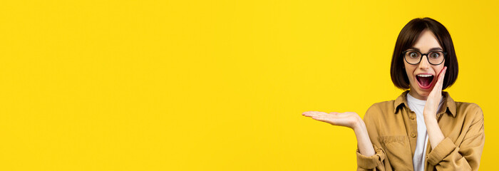 Wow offer. Overjoyed lady holding hand, showing free space on palm and touching cheek, posing and looking at camera over yellow background, banner. Lady indicating place for advert