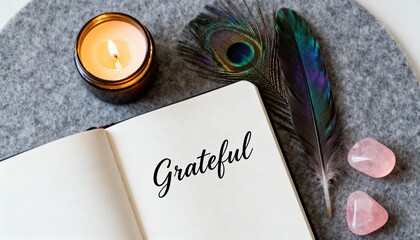 Grateful Journaling with Glowing Candle, Peacock Feather, and Rose Quartz on Felt Background for Mindfulness