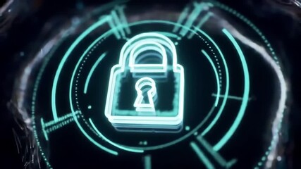 A futuristic cybersecurity hud overlay featuring a glowing blue padlock icon with concentric circles and lines on a dark background, symbolizing online security and protection for - Powered by Adobe