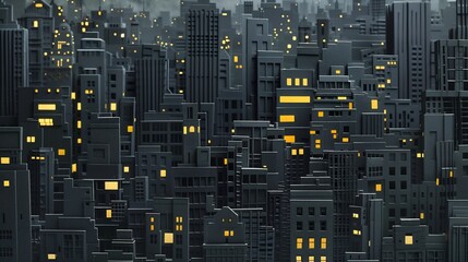 A detailed cityscape illustration showcases illuminated buildings with warm yellow lights at night in urban setting