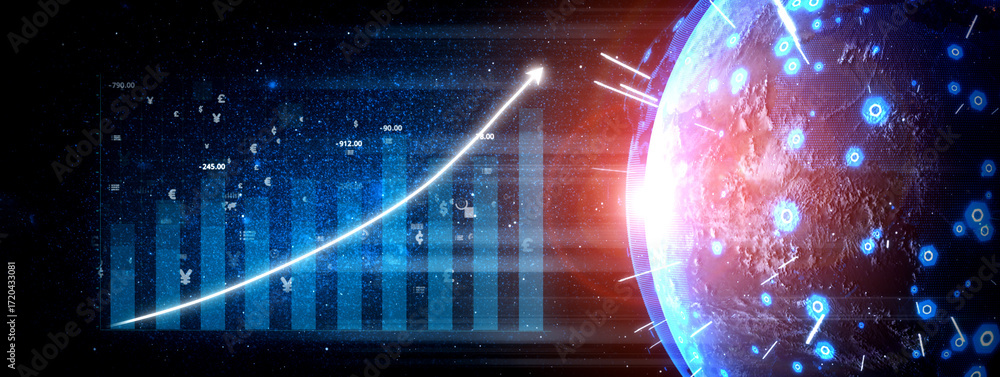 Aufkleber this image illustrates a futuristic data visualization featuring a global growth graph with digital 