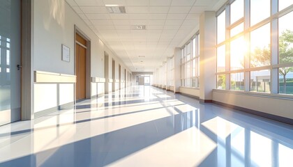 Wide hallway of a building featuring sunlight streaming through large windows, illuminating the flooring and walls