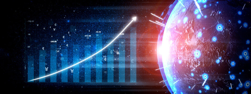This image illustrates a futuristic data visualization featuring a global growth graph with digital connections, highlighting analytics and technology advancements. Impute