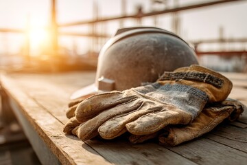 Protective equipment gloves and helmet displayed on wooden table under natural light. Concept of workplace safety, construction site, professional tools, for brochures, training, promotional campaigns