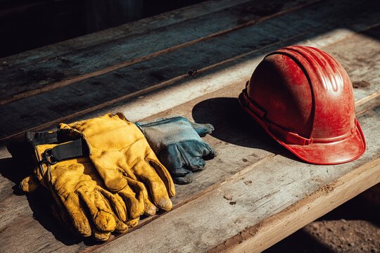 protective gloves and safety helmet on wooden table in sunlight. Concept of construction, safety, labor protection, ideal for workplace campaigns, training materials, industrial advertising - Powered by Adobe