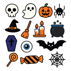 Halloween Vector Icons Set | Spooky Cartoon Illustrations (Skull, Ghost, Pumpkin, Bat, Candy, Spider, Witch Hat)