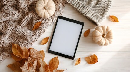 Banner top view of tablet mockup on white table decorated with autumn leaves, wool hat and pumpkins. Concept of seasonal design, fall atmosphere, digital presentation