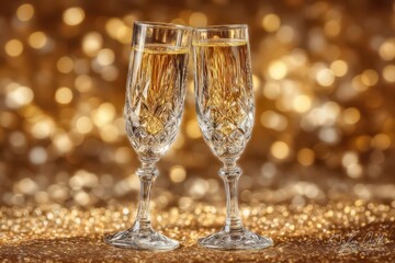 Two elegantly designed crystal glasses clink together in celebration reflecting the glow of golden bokeh background symbolizing joy and togetherness in moments that matter
