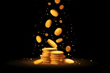 Glowing gold jackpot explosion surrounded by falling coins on black minimal setting, concept of prosperity, luxury and entertainment. Suitable for marketing, digital design and casino branding