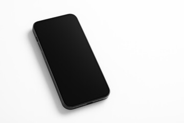 Hyper-realistic image of a mobile phone diagonally positioned on a white background in a minimalist design for branding with copy space.