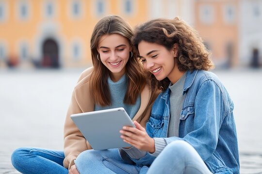 Smiling young women sitting on city square pavement, looking at tablet together in casual outfits, studying outdoors with joy, concept of friendship and collaborative learning