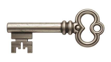 Antique skeleton key with ornate bow and detailed bit isolated on white background