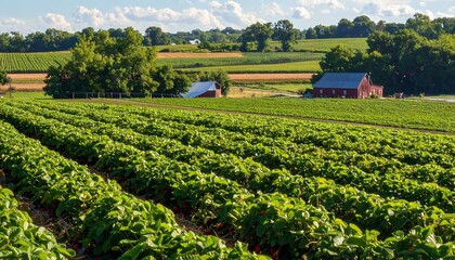 Vibrant Strawberry Field with Rustic Barn