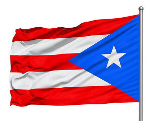 A vibrant flag featuring bold red, white, and blue colors with a prominent star and stripes waving in the wind.