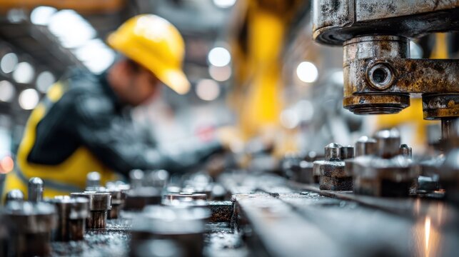 Operator performing a routine visual safety walkaround of machinery concentrating on machine components in focus and elevated background out of focus.