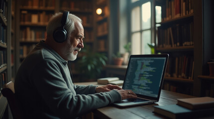 Senior man coding on laptop in cozy library, creating innovative solutions, aided by modern technology. Senior man programming with focus, wearing headphones and typing in library setting.