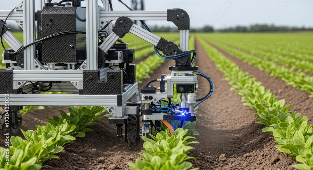 Poster precision robotic weeding device shown closeup in a medium shot meticulously targeting weeds between