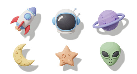 Adorable Space-Themed 3D Rendered Icons Rocket, Astronaut, Planets, Moon, Star, Alien