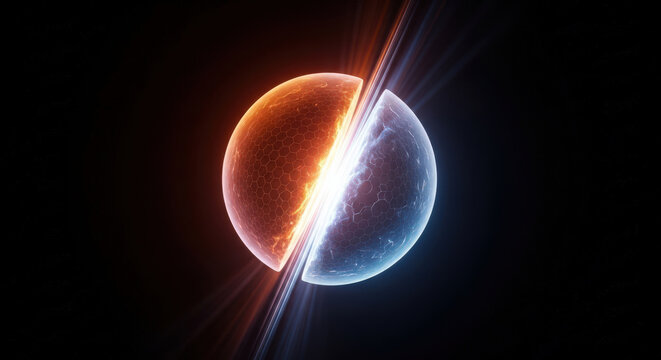 Abstract Hot and Cold Energy Sphere Collision with Hexagonal Pattern and Light Rays on Black Background, Representing Duality, Balance, and Opposing Forces