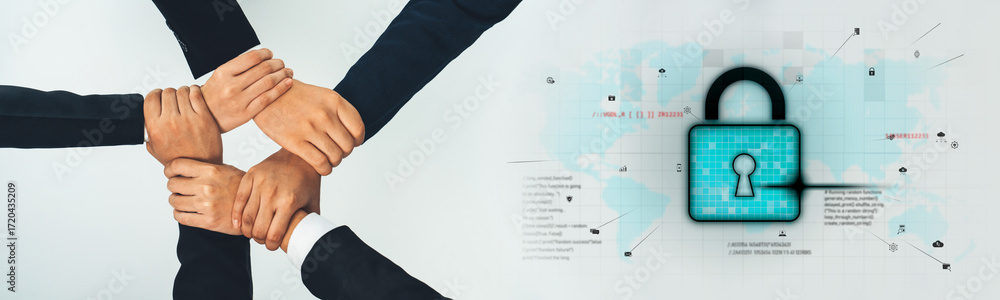 Poster a powerful visual representation of teamwork and digital security, showcasing intertwined hands agai