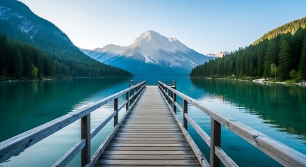 Obraz premium Serene wooden pier extending into a vibrant blue lake with majestic mountains
