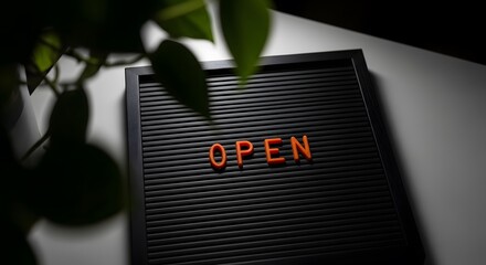 Black letterboard with orange letters displaying the word OPEN.