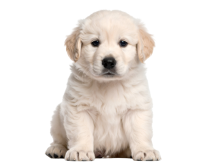 A fluffy golden retriever puppy sitting calmly with a gentle expression, showcasing its adorable features and fur.