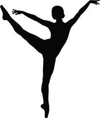 Ballet dancer silhouette illustration, performing high leg extension en pointe with arms gracefully extended, vector minimal black figure, dance performance and artistic expression concept scene