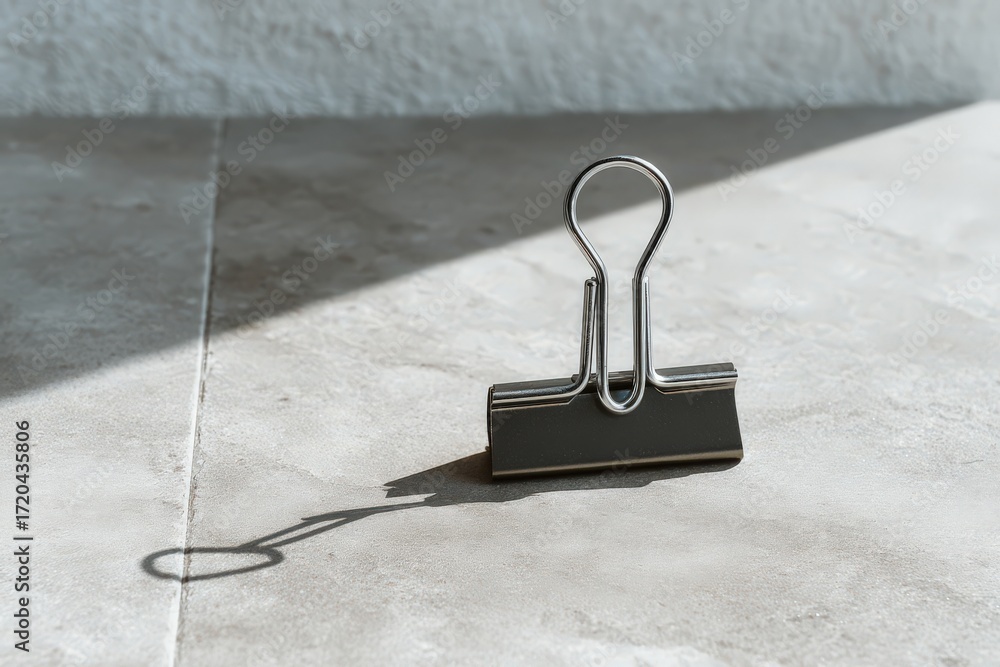 Poster A minimalist perspective on an elegant binder clip casting a sharp shadow on smooth stone surface illuminated by natural sunlight emphasizing simplicity and functionality in design aesthetics