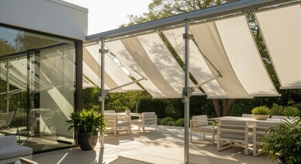 Medium shot showing seasonal installation of adjustable shade cloth panels on a patio adapting to changing sun angles for optimal shade throughout the year.