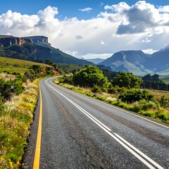 Scenic mountain road stretches into distance under a vibrant sky